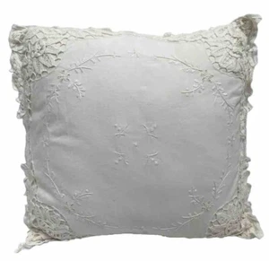 Linen Blend Throw Pillow Hand Embroidered White Victorian Vintage Cottagecore - Picture 1 of 6