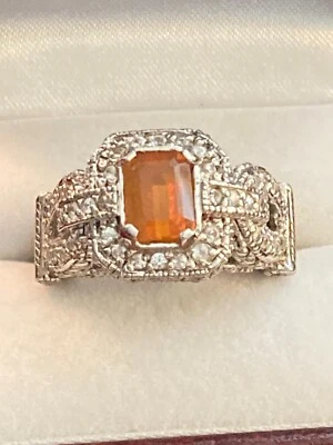 925 Sterling Silver Mexican Fire Opal with 38 - 1 mm white Topaz(?) Ring Sz 8.75 - Image 1 of 4