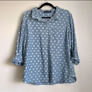 Tommy Hilfiger Casual Blue Chambray Polka Dot Button-Down with Roll-up Sleeves - Picture 1 of 7