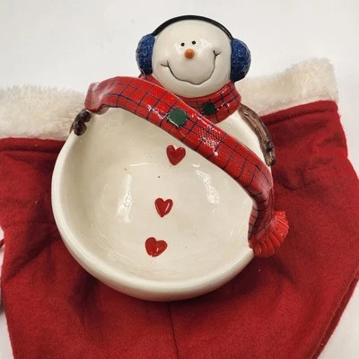 St. Nicholas Square Snowman Basket Candy Dish Button Up with Stocking China 7" - Image 1 of 4