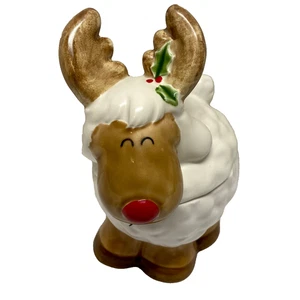 Vintage Reindeer Sugar Bowl Candy Dish + Lid Ceramic Holiday Figurine Japan EUC - Picture 1 of 17