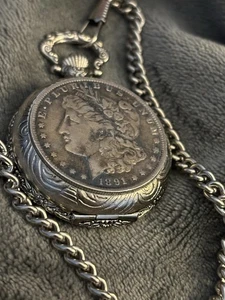 Vintage American Historic Society Morgan Silver Dollar 1891 Coin Pocket Watch - Picture 1 of 9