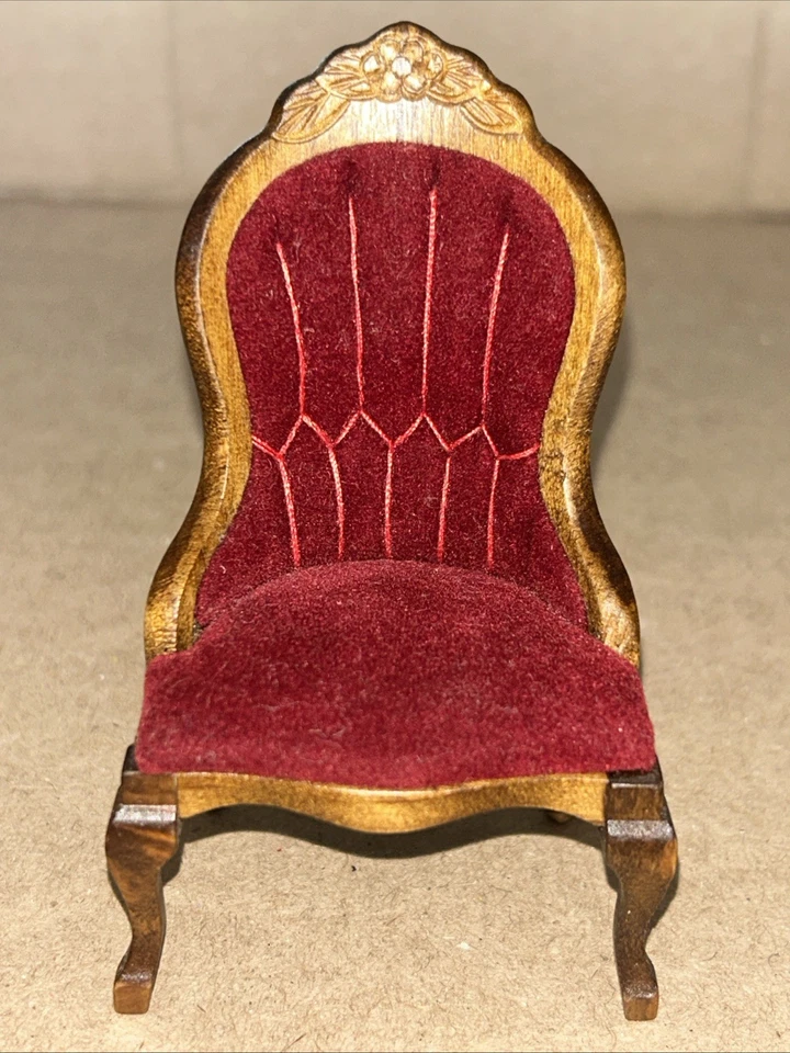 Dollhouse Miniature Wood Victorian Red Velour Ladies Chair in Walnut CLA10969 - Image 1 of 4