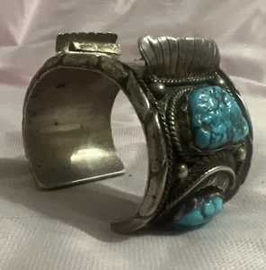 Vtg Navajo Sterling Silver Turquoise Cuff Watch- Coin Heavy Cuff Bracelet 152g - Picture 1 of 24