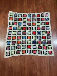 Vintage 70's Afghan Granny Square Crochet Multi Color Blanket Throw Boho 43 x 41 - Picture 1 of 7