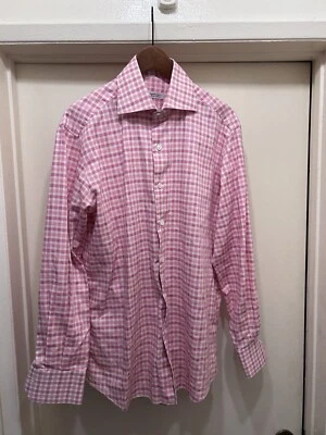 Camisa de vestir italiana Domenico Vacca 41 16 con botones rosa a cuadros a cuadros para hombre Foto 1 de 4