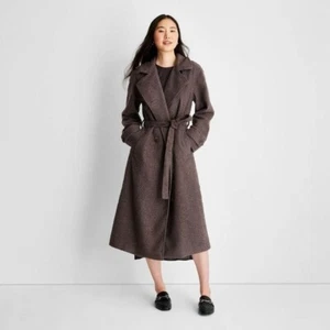 Future Collective Front-Tie Notched Lapel Double Breasted Trench Coat M Brown - Picture 1 of 3