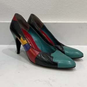 BRUNO MAGLI VTG 80s-90s Womens HEELS Pumps COLOR BLOCK LEATHER 3" CONE HEEL 7AA - Picture 1 of 21