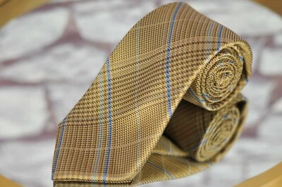 Timothy Hill Men's Roman Gold & Blue Check Plaid Woven Silk Necktie 60 x 3.75 - Image 1 of 3
