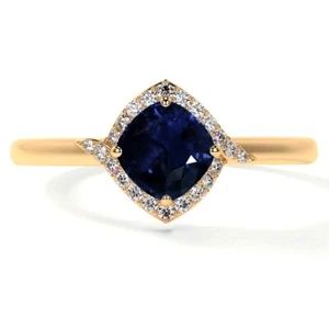 0.82cttw Natural Blue Sapphire Ring 14K Yellow Gold Halo Wedding Ring For Women - Picture 1 of 5