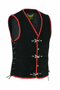 Mens Real Leather Suede Leather Vest Red Braided Black Motorcycle Clothing AUS - Picture 1 of 12