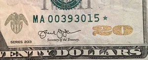 $20 Dollar Bill 2013 Circulated Fancy STAR Low Serial Number MA 00 393 015 * - Picture 1 of 3