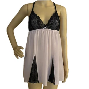 Pink Sheer Chiffon Black Lace T Back Babydoll Medium Nightie Lingerie - Picture 1 of 12