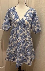 Mellóday Dress Size Medium, NWT, Blue & White, Short Length, Line A, Puff Sleeve - Picture 1 of 9