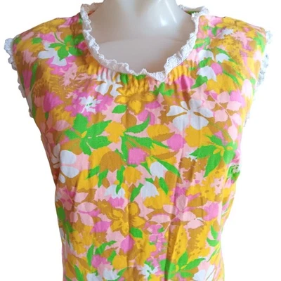 Vintage Medium Granny Sack Dress 1960's 1of1 Handmade Floral Shift Lace Trim - Image 1 of 4