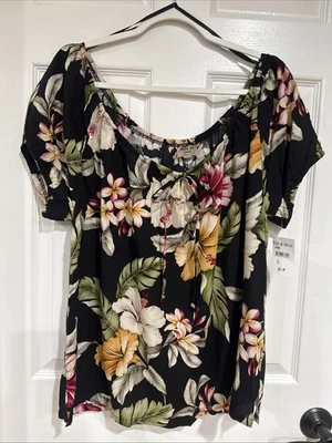 Blusa campesina Aloha Hut para mujer XL manga corta hawaiana tropical negra floral Foto 1 de 4