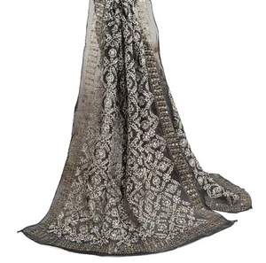 Sushila Vintage Black Scrap Dupatta Art Silk Handmade Phulkari OOAK Long Stole - Picture 1 of 10