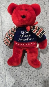 Vintage God Bless America Teddy Bear With Sweater Red White Blue USA - Picture 1 of 1