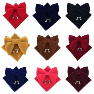 Mens Pre-Tied Oversized Bow Tie Tuxedo Velvet Bowtie Cufflinks Pocket Square Set - Picture 1 of 8
