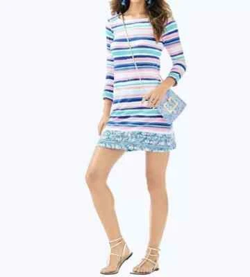 Lilly Pulitzer Sophie Dress "Sandy Shell Stripe" Blue Pink UPF 50 Size S New - Image 1 of 2