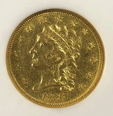 Cuarto de águila cabeza turbante 1836. Oro $2,5 NGC AU50. Script 8. AGW de 0,12097 oz Foto 1 de 4