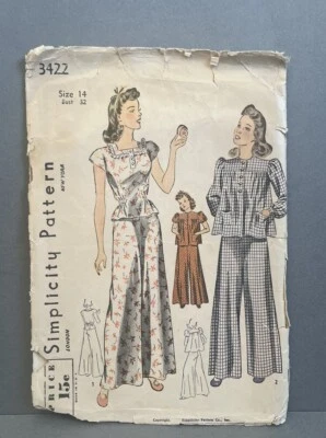 Vintage 1940s Simplicity Sewing Pattern 3422 Girls Pajamas Size 14 - Cut- As Is - Image 1 of 3
