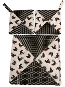 Juego de 2 agarres y almohadillas calientes con piezas y acolchados 3 piezas negro blanco gallo de pollo - Imagen 1 de 13