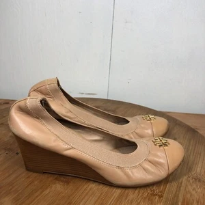 Tory Burch Shoes Womens 7 Jolie Wedge Pumps Beige Nude Leather Cap Toe Loafer - Picture 1 of 13