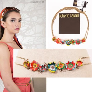 SZ 46 NEW $890 ROBERTO CAVALLI Gold Tone Chain FLORAL Enameled Flower BELT - Picture 1 of 12