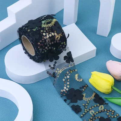 9M 3D Sequins Flower Embroidery Mesh Fabric Ribbon DIY Bow Hair Clip Accessories - Image 1 of 4