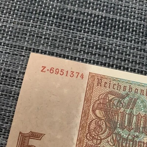 Serie Z WWII WW2 Memorabilia 1942 5 Mark Banknote German Currency Germany - Picture 1 of 5