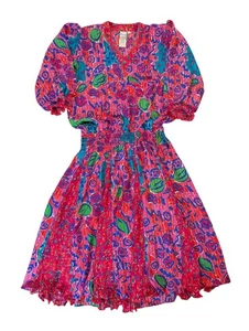 Vtg 80s 90s Montage by Mosaic Neon Print Pleated Maxi Dress Small Pink Blue - Picture 1 of 8