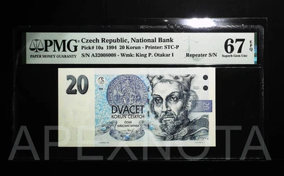 [REPEATER S/N] CZECHIA 20 KORUN 1994 P10 PMG 67 SUPERB GEM UNC EPQ FANCY S/N 008 - Image 1 of 4