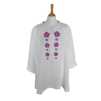 Sahara Size 4 UK 16-18 White Pink Embroidered Floral 100% Linen Tunic Blouse Top - Image 1 of 4