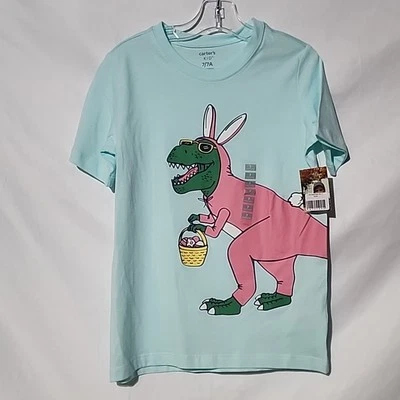 NEW - CARTERS KIDS 7 / 7A - Light Blue Dino Easter Bunny T-Shirt, Graphic Print - Image 1 of 4