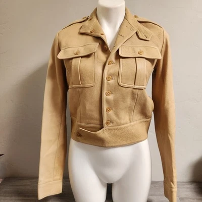 Chaqueta Ralph Lauren Vintage Talla 4 Piel de Ciervo Cuero Recortado Militar Safari Foto 1 de 4