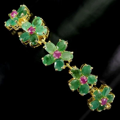 Black Friday Sterling Silver Bracelet Oval Emerald 5x4mm Ruby Flower Gem 10 - Image 1 of 4