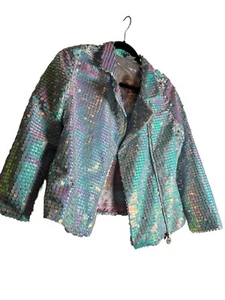 Disney Frozen II 2 Elsa Iridescent Sequin Moto Jacket XL 14/16 - Picture 1 of 10