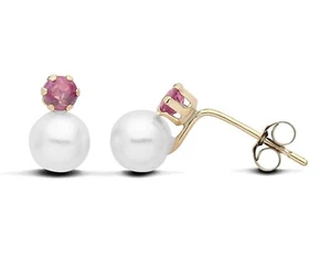 9ct Gold Cultured Pearl & Ruby Stud Earrings - Natural Stones ~ UK Made - Picture 1 of 5
