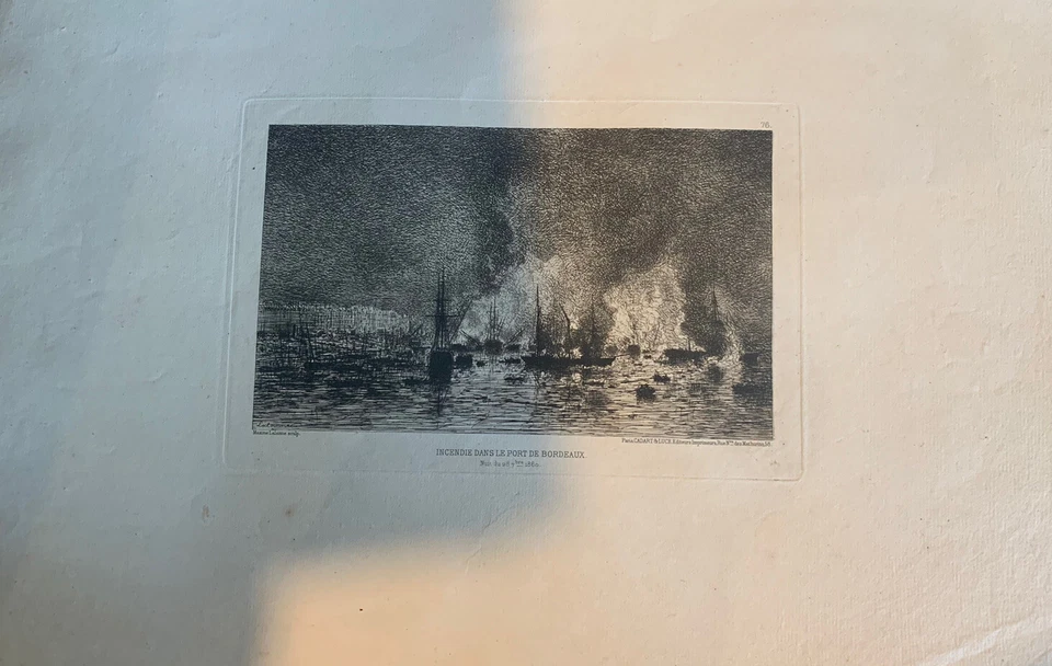 GRAVURE/EAU FORTE.BORDEAUX.INCENDIE DANS LE PORT DE BORDEAUX.MAXIME LALANNE.1869 - Photo 1/1