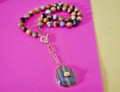 RAREZAS Carol Brodie Ágata Piedras Preciosas Cuentas Palanca Collar Placa Oro $200 Foto 1 de 4