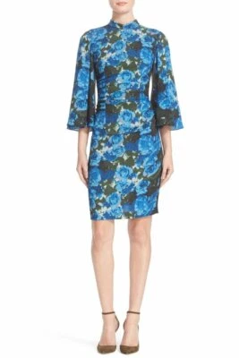 $348 Tracy Reese Blue Foral Cutout Back Flutter Sleeve Ruched Dress 2 NWT T529 - Image 1 of 4