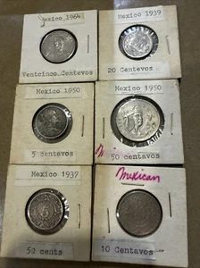 1950 Mexico 50 Centavos, .300 Silver, 1939 20c, 1964 25c, 1950 & 1937 5c, 1946 - Picture 1 of 8