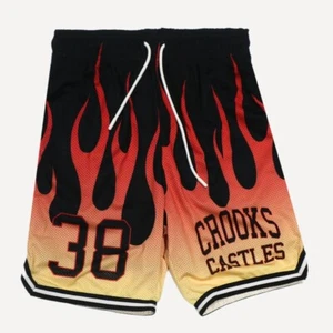 Crooks & Castles Men's Fire Flame Mesh Basketball Shorts - Picture 1 of 2