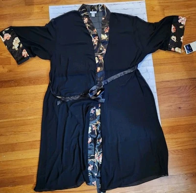 Flora Nikrooz Black Floral Edged Sheer Open Front Maxi Kimono Robe Lingerie 3X - Image 1 of 4