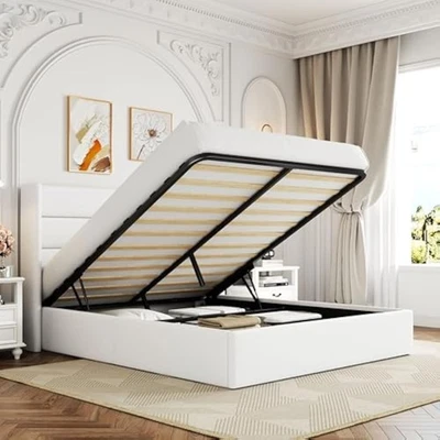 Cama de almacenamiento elevadora de terciopelo tamaño queen, cabecero moderno con respaldo de ala, hidráulico Foto 1 de 4