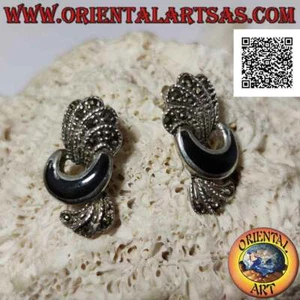 Pendientes Plata 925‰ Medialuna De Ónix Y Bandas Curve De Marcasita - Imagen 1 de 5