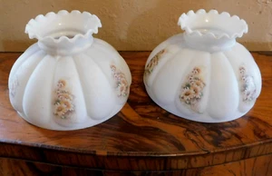 TWO VINTAGE OPAQUE GLASS LAMP SHADES / RUFFLE TOP AND FLOWER DECALS 10" X 6 1/2" - Picture 1 of 6