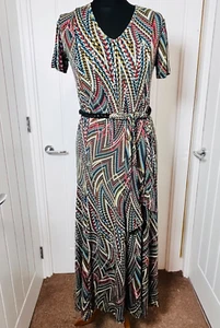 NINA LEONARD Brown & Blue Geometric Print Midi Dress - Size S - Short Sleeve - Picture 1 of 5