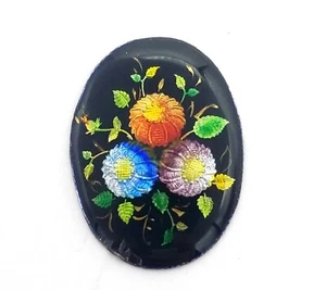 NOS France Antique Black Enamel Plaque Flowers Floral Design Medium #B15 - Picture 1 of 2